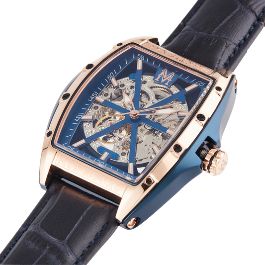 Montignac - Montre Automatique Tonneau Cuir Bleu
