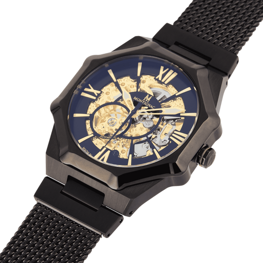 Montignac - Montre Octagon Automatique Noire Cadran Bleu