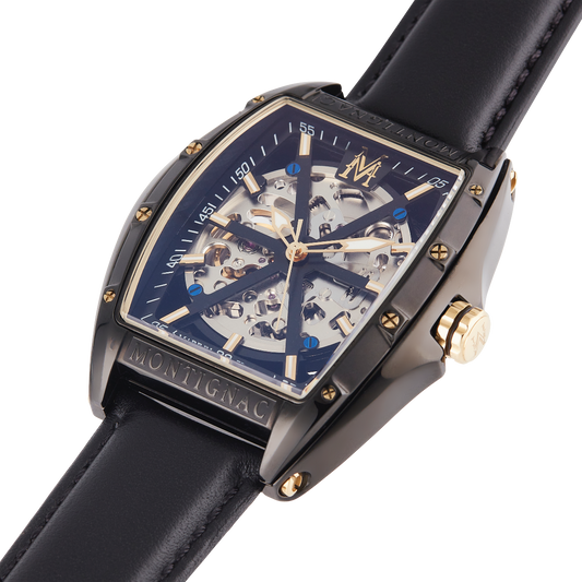 Montignac - Montre Automatique Tonneau Cuir Noir