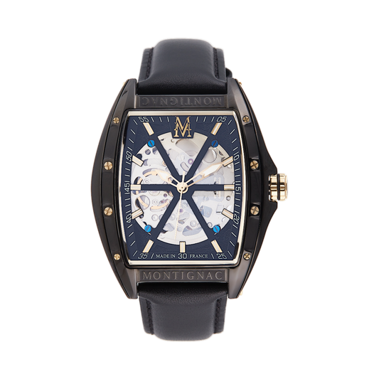 Montignac - Montre Automatique Tonneau Cuir Noir