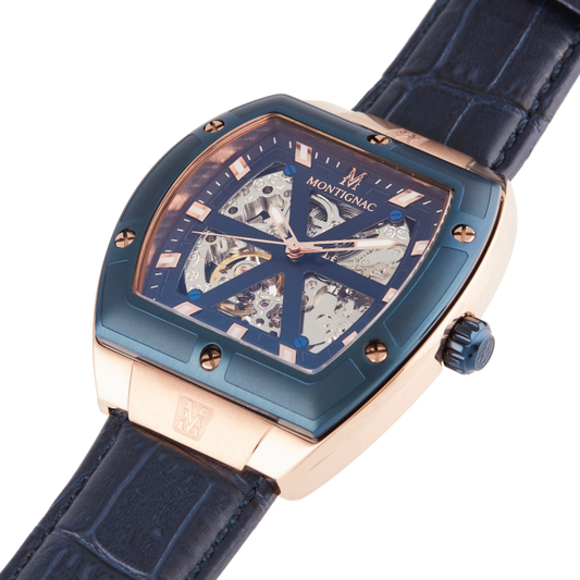 Montignac - Montre Tonneau Automatique Cuir Bleu