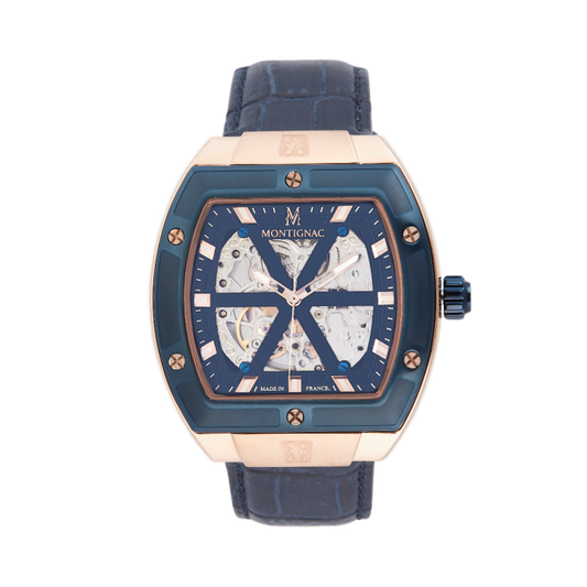 Montignac - Montre Tonneau Automatique Cuir Bleu
