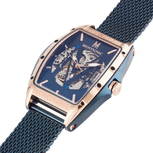 Montignac - Montre Tonneau Automatique Acier Bleu