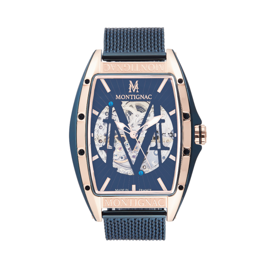 Montignac - Montre Tonneau Automatique Acier Bleu