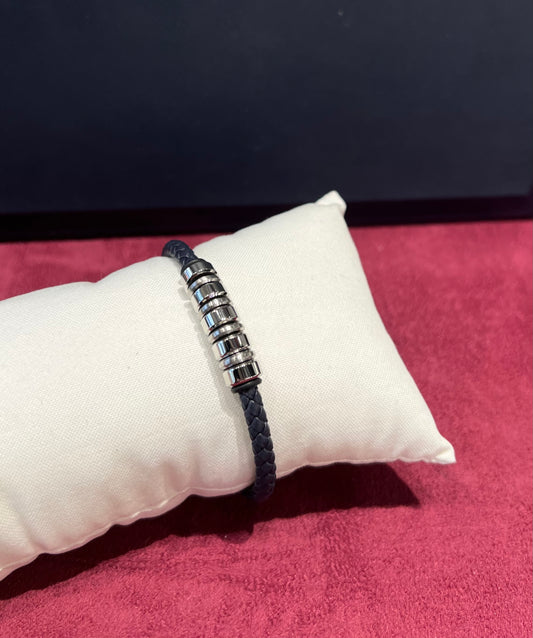 Bracelet Homme en Cuire et en Acier "Tressé Bleue Marine"