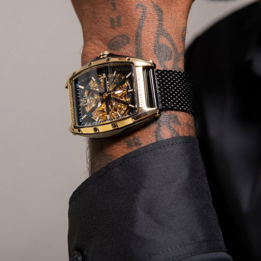 Montignac Montre Automatique Maille Milanaise Noir & Gold_Pixies