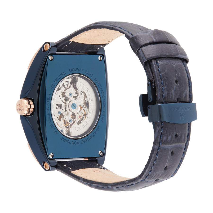 Montignac - Montre Automatique Tonneau Cuir Bleu