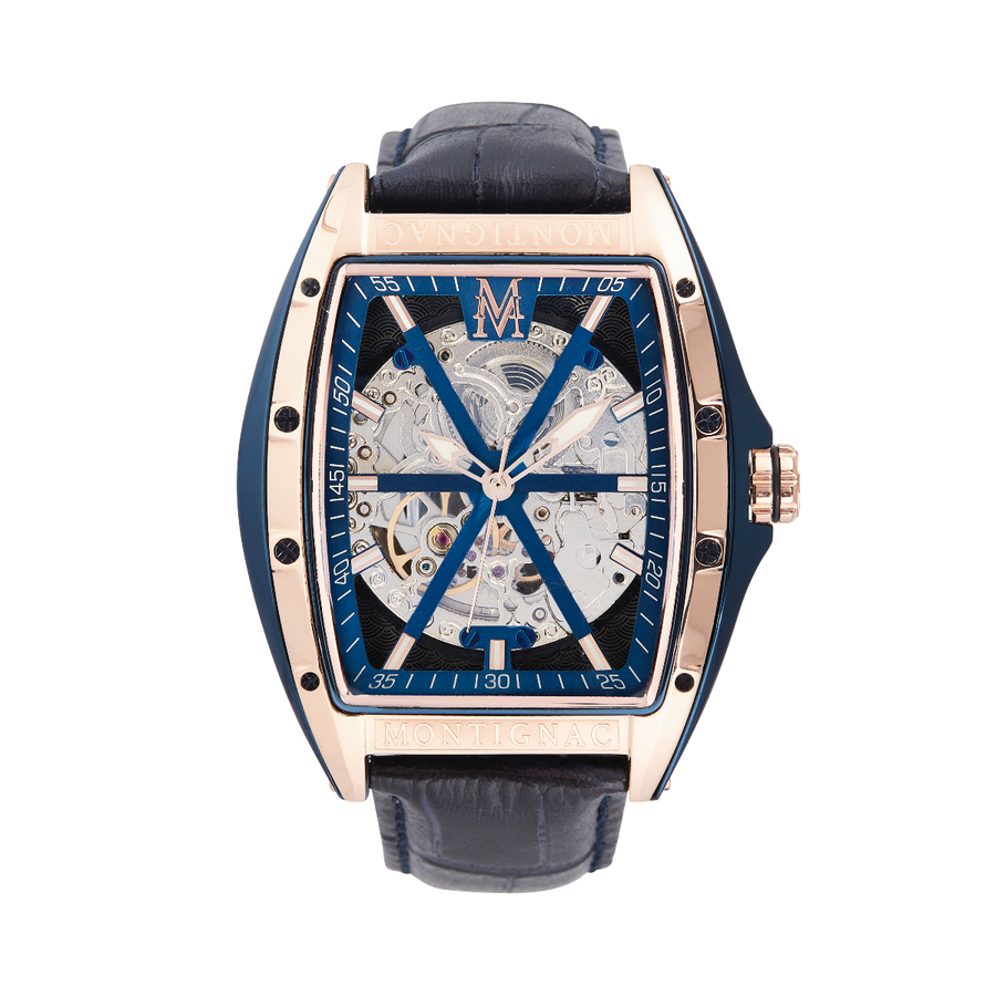 Montignac - Montre Automatique Tonneau Cuir Bleu