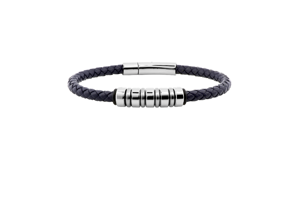 Bracelet Homme en Cuire et en Acier "Tressé Bleue Marine"