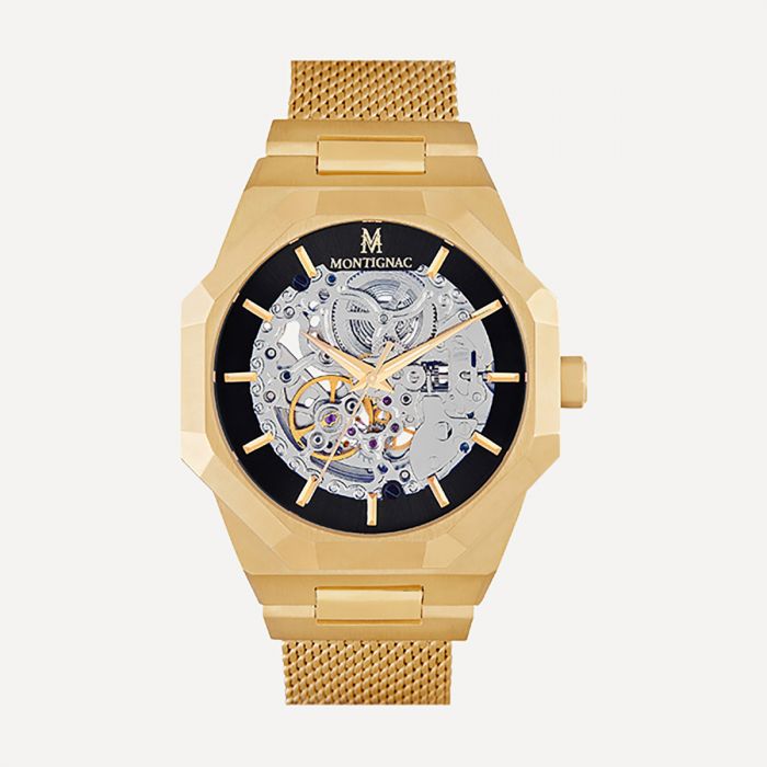 Montre Montignac Homme Automatique Maille Milanaise Jaune