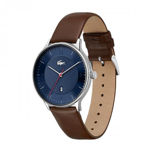 Lacoste Montre Bracelet Cuir Marron Fond Bleu_Pixies