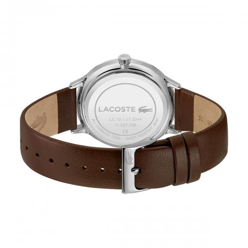 Lacoste Montre Bracelet Cuir Marron Fond Bleu_Pixies