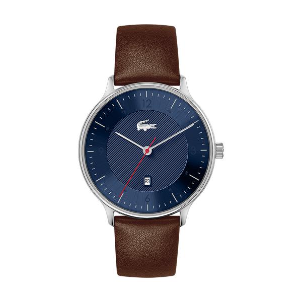 Lacoste Montre Bracelet Cuir Marron Fond Bleu_Pixies