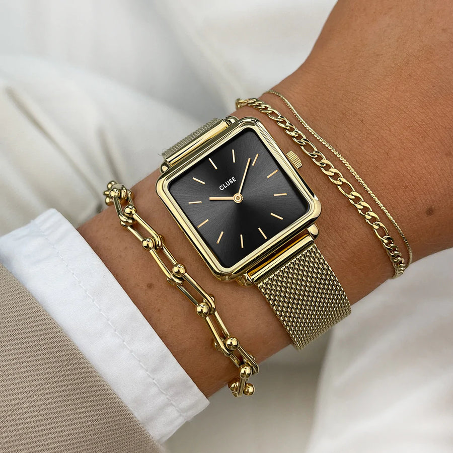 Cluse Montre La Tétragone Mesh Noire & Dorée_Pixies