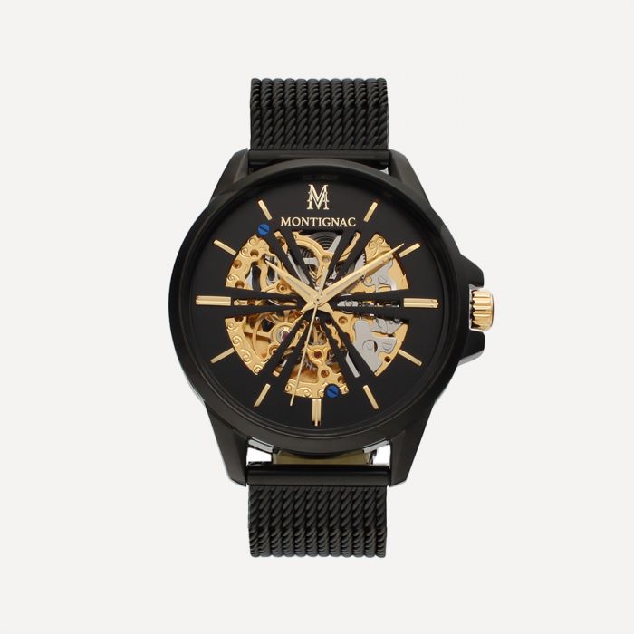 Montignac Montre Automatique Maille Milanaise Noir & Gold_Pixies