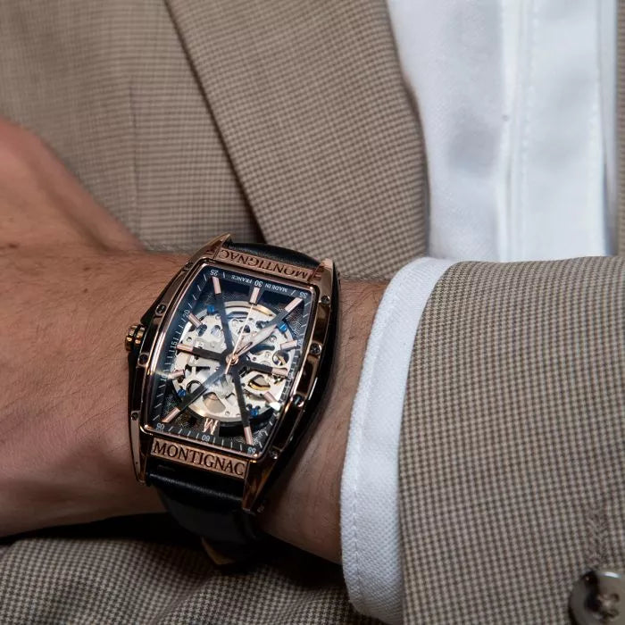 Montignac Montre Tonneau Cuir Noire & Gold_Pixies
